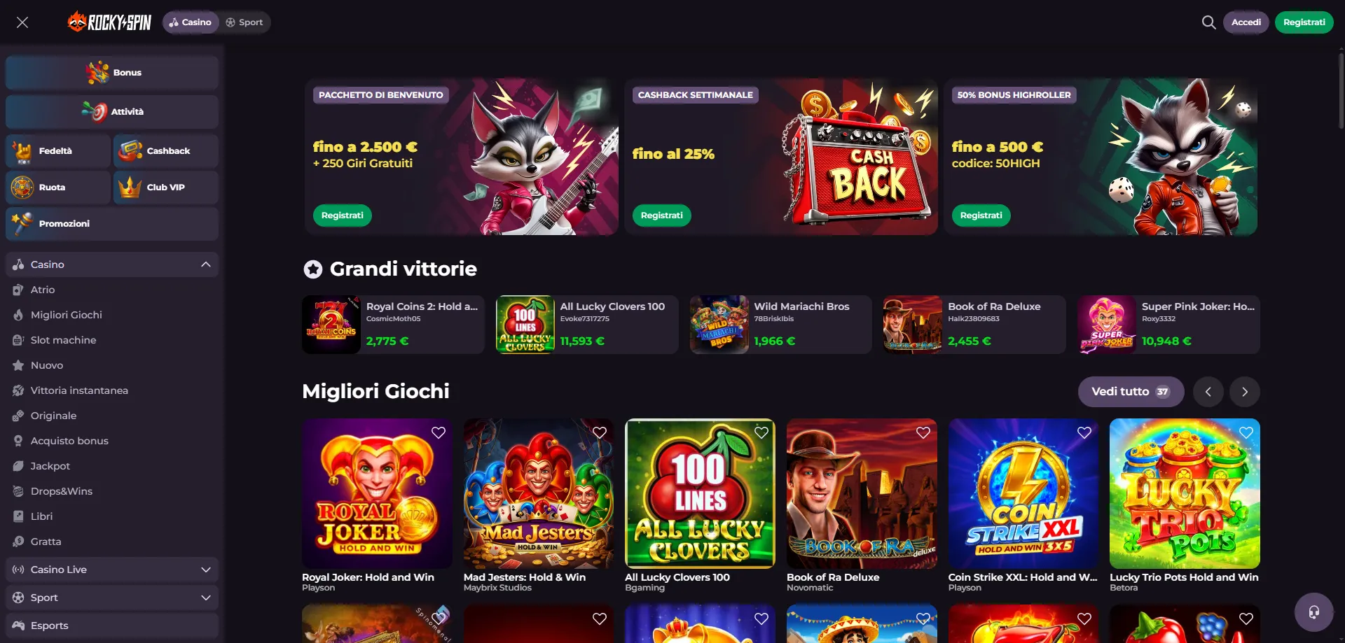 Migliori giochi su RockySpin Casino slot e jackpot online